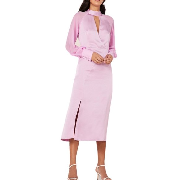 New Foxiedox Orchid Satin Pearl Cuff Front Split Keyhole Midi Dress Size Large - Picture 1 of 16